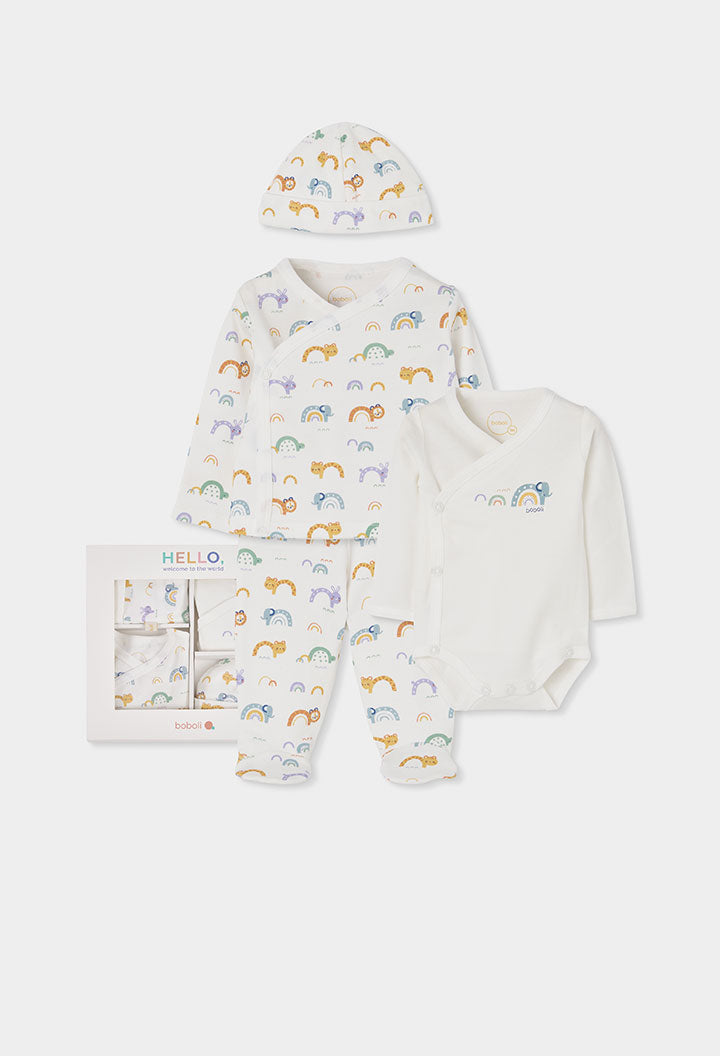 Set i thurur i bardhë për bebe me print ylberi dhe kafshësh