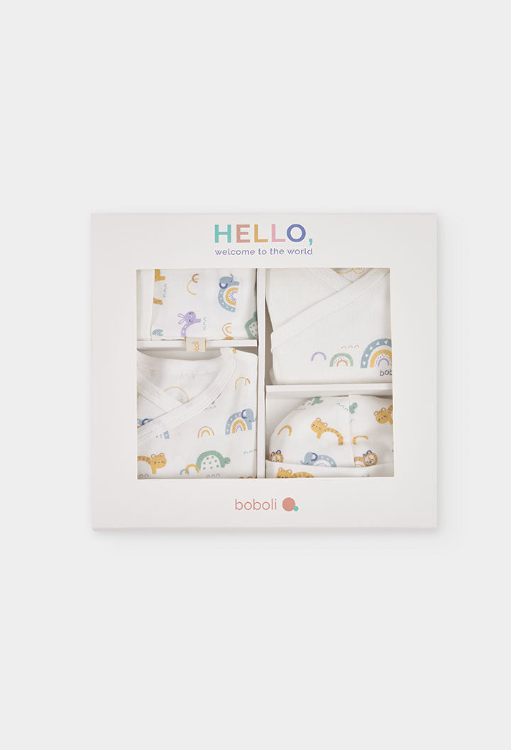 Set i thurur i bardhë për bebe me print ylberi dhe kafshësh