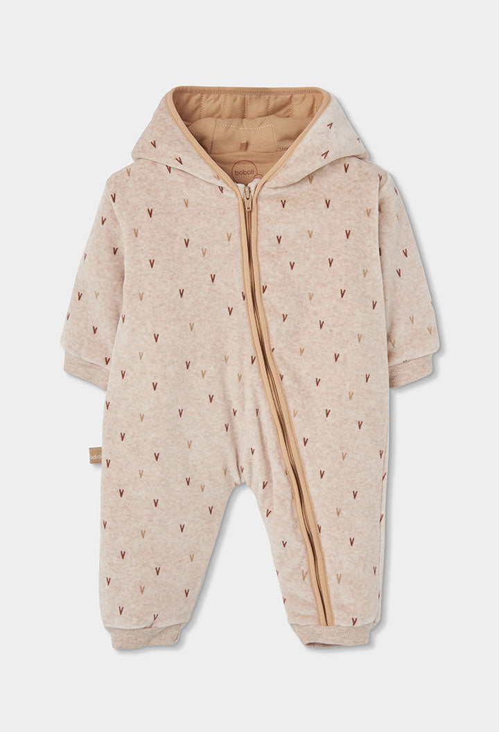 Fleece overall bezhë me kapuç dhe print për bebe