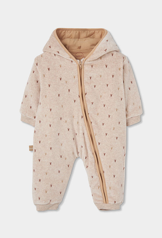 Fleece overall bezhë me kapuç dhe print për bebe