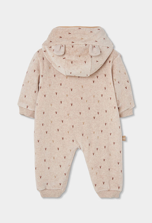 Fleece overall bezhë me kapuç dhe print për bebe